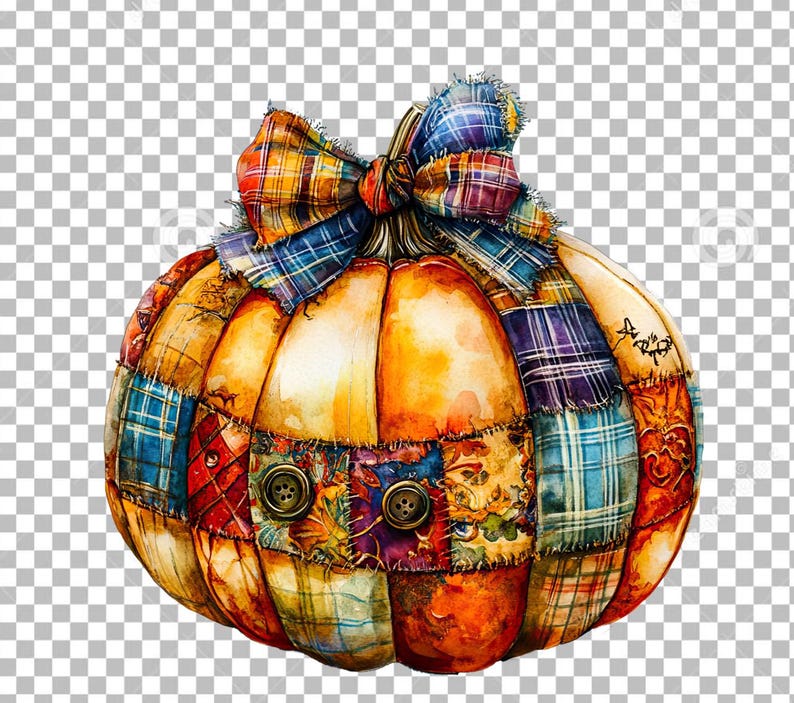 Puede incluir: Una calabaza de patchwork con un lazo de cuadros. La calabaza est&aacute; hecha de diferentes cuadrados de tela de colores cosidos juntos. El lazo est&aacute; atado alrededor del tallo de la calabaza.