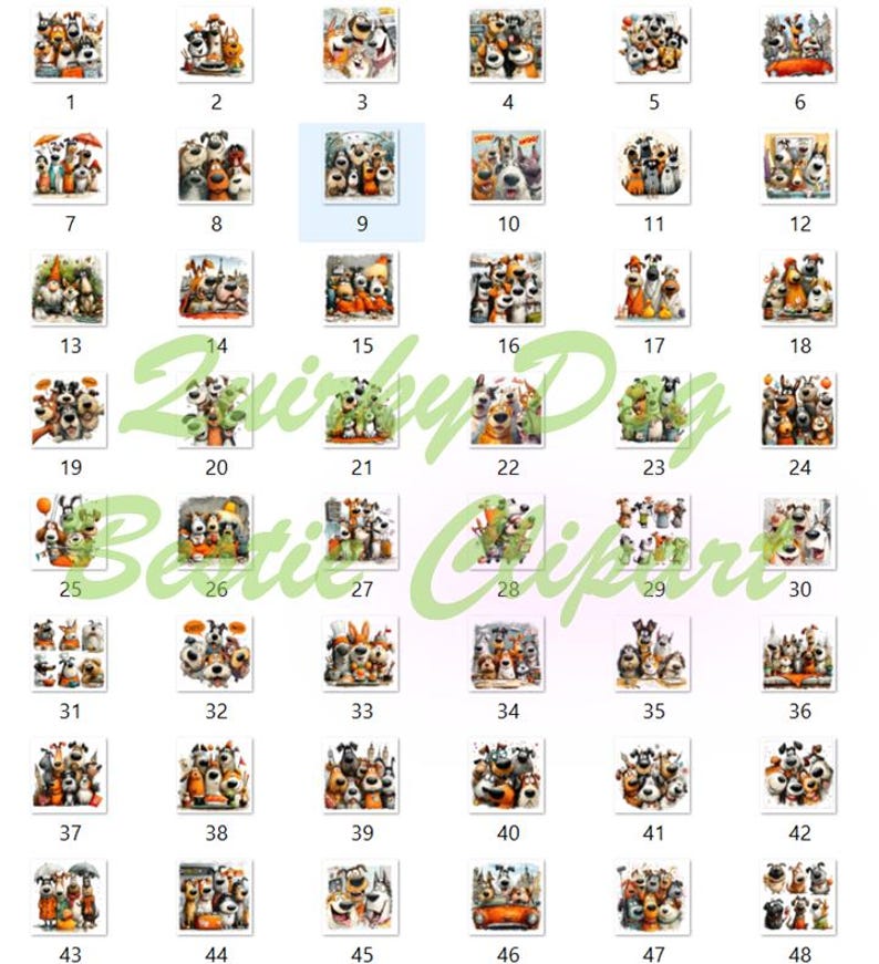 May include: A collection of 48 watercolor illustrations of various dog breeds, each with a unique pose and expression. The images are numbered from 1 to 48, showcasing a variety of dog breeds in a colorful and artistic style.