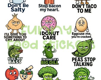 Funny Food Puns Stickers: Sarcastic Clipart PNG (Digital Download)