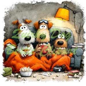 May include: Watercolor illustration of three cartoon dogs on a couch, watching a movie. The dogs are covered with an orange blanket and eating popcorn. A yellow lamp illuminates the scene, with popcorn scattered on the floor.