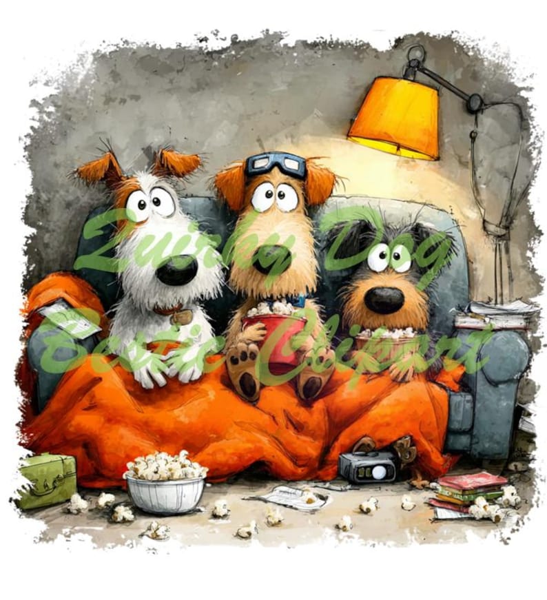 May include: Watercolor illustration of three cartoon dogs on a couch, watching a movie. The dogs are covered with an orange blanket and eating popcorn. A yellow lamp illuminates the scene, with popcorn scattered on the floor.