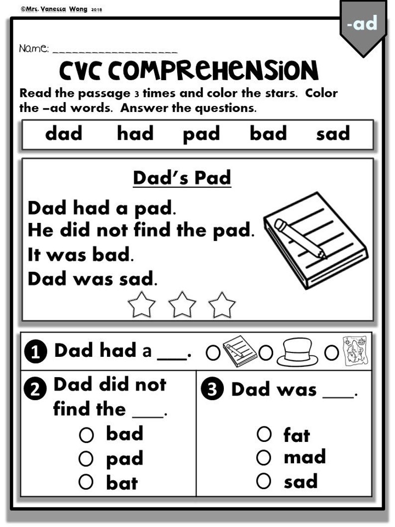 Phonics Worksheets CVC comprehension early readers Kindergarten/First Grade image 7