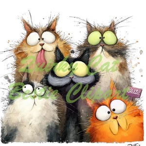 Op de afbeelding: Een humoristische illustratie van vijf cartoonkatten met grote ogen en expressieve gezichten. De katten zijn afgebeeld in tinten oranje, zwart en bruin. Een bordje leest "CHEES!" en de afbeelding bevat de tekst "Like Cat Club" in groen.