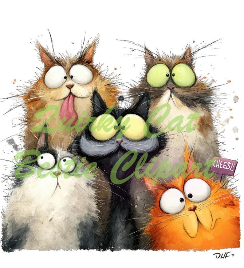 Op de afbeelding: Een humoristische illustratie van vijf cartoonkatten met grote ogen en expressieve gezichten. De katten zijn afgebeeld in tinten oranje, zwart en bruin. Een bordje leest "CHEES!" en de afbeelding bevat de tekst "Like Cat Club" in groen.