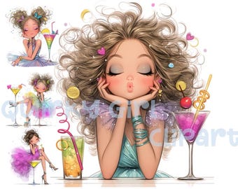 Clipart di ragazza eccentrica ad acquerello: tema cocktail (JPG)