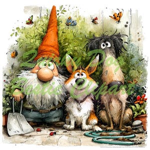 May include: Watercolor illustration of a garden scene featuring a gnome with an orange hat, two dogs, butterflies, and a ladybug. The gnome holds a shovel, and a garden hose is visible. The artwork has a whimsical, storybook style.