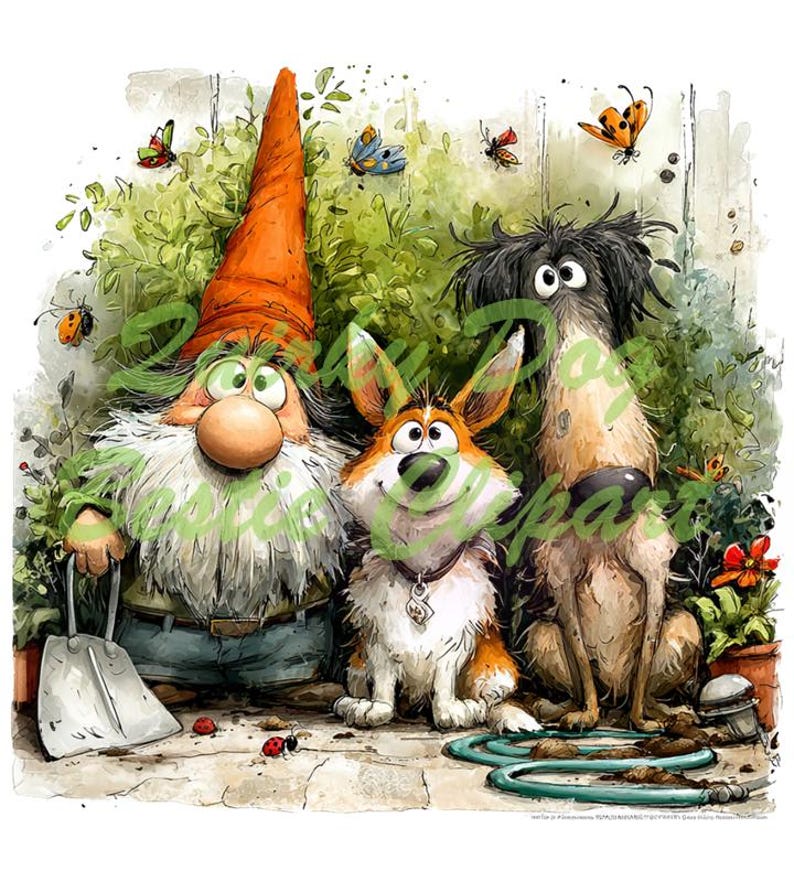 May include: Watercolor illustration of a garden scene featuring a gnome with an orange hat, two dogs, butterflies, and a ladybug. The gnome holds a shovel, and a garden hose is visible. The artwork has a whimsical, storybook style.
