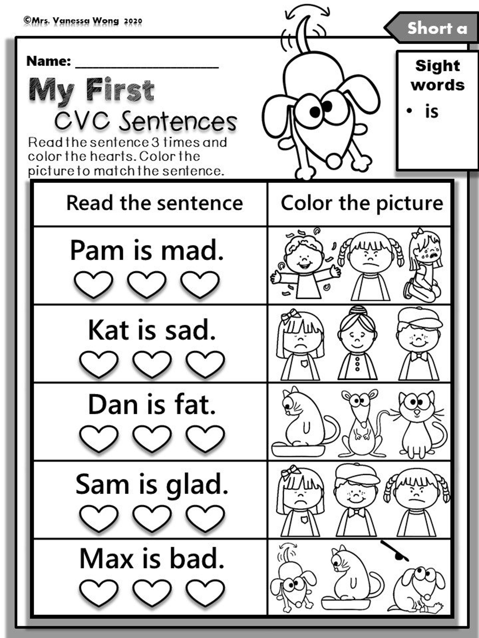 Phonics Worksheets My First CVC Sentences For Kindergarten And First