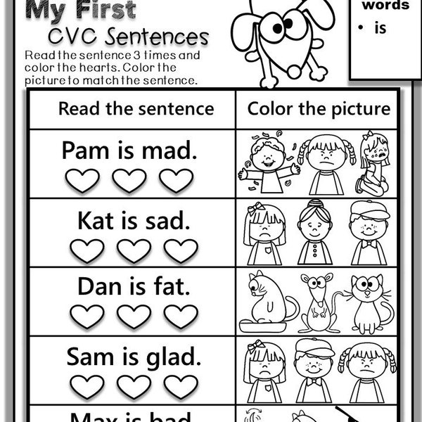 Phonics Worksheets My First CVC Sentences for Kindergarten and First Grade