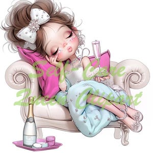 Peut inclure: Illustration d'un personnage de dessin anim&eacute; se relaxant sur une chaise longue blanche avec un coussin rose. Le personnage porte une robe bleu clair et tient une coupe de champagne. Une bouteille de champagne et un plateau avec de petits contenants sont au premier plan.