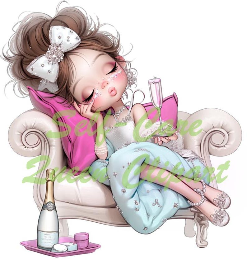 Peut inclure: Illustration d'un personnage de dessin anim&eacute; se relaxant sur une chaise longue blanche avec un coussin rose. Le personnage porte une robe bleu clair et tient une coupe de champagne. Une bouteille de champagne et un plateau avec de petits contenants sont au premier plan.