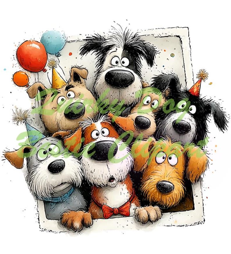 May include: A colorful illustration of seven cartoon dogs peeking out from a frame. The dogs have various fur colors, including brown, black, and white. Some wear party hats and bow ties. Balloons in orange and blue float in the background.