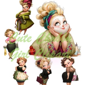 Skurrile Mädchen Clipart, süße Mädchen Clipart, mollige Mädchen, schrullig wunderliche Clipart, kurvige Mädchen Clipart, schrullig Clipart Aquarell