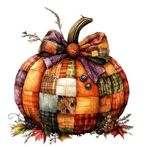 Puede incluir: Una calabaza de patchwork con un gran lazo de tela en tonos marrones, naranjas y morados. La calabaza est&aacute; decorada con una variedad de acentos oto&ntilde;ales, incluyendo hojas y bayas.