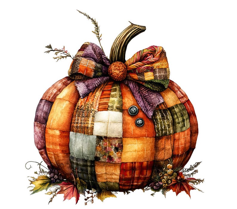 Puede incluir: Una calabaza de patchwork con un gran lazo de tela en tonos marrones, naranjas y morados. La calabaza est&aacute; decorada con una variedad de acentos oto&ntilde;ales, incluyendo hojas y bayas.