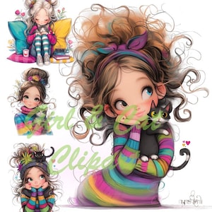 Clipart fille originale, jolie fille des cliparts, clipart pour amoureux des chats, clipart fantaisiste original, clipart original aquarelle,