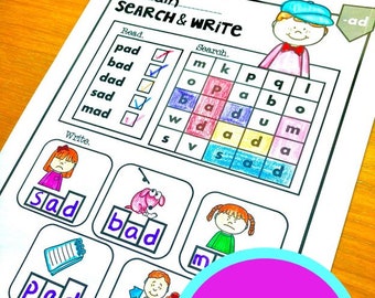 Feuilles d'exercices sur la phonétique CVC - Voyelles courtes - Rechercher et écrire (maternelle/première année)