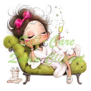 Peut inclure: Illustration d'un personnage de dessin anim&eacute; se relaxant sur une chaise longue verte, portant un peignoir blanc et tenant une coupe de champagne. Le personnage a les cheveux bruns avec un n&oelig;ud rose et porte des chaussures blanches. Un petit seau &agrave; glace et un livre sont &agrave; proximit&eacute;.