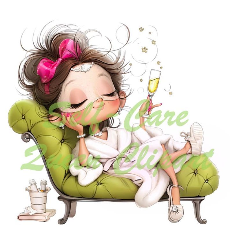 Peut inclure: Illustration d'un personnage de dessin anim&eacute; se relaxant sur une chaise longue verte, portant un peignoir blanc et tenant une coupe de champagne. Le personnage a les cheveux bruns avec un n&oelig;ud rose et porte des chaussures blanches. Un petit seau &agrave; glace et un livre sont &agrave; proximit&eacute;.