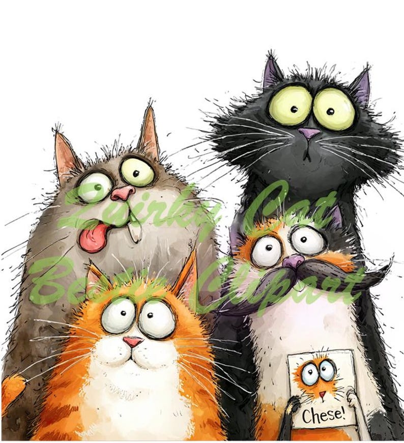 Op de afbeelding: Een humoristische illustratie van vier cartoonkatten met komische uitdrukkingen. De katten zijn afgebeeld in oranje, grijs en zwart, met overmaatse ogen. E&eacute;n kat houdt een bord vast met de tekst "Chese!"
