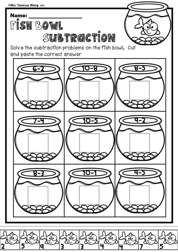 Kindergarten Math Worksheets. Cut and Paste Subtraction. - Etsy