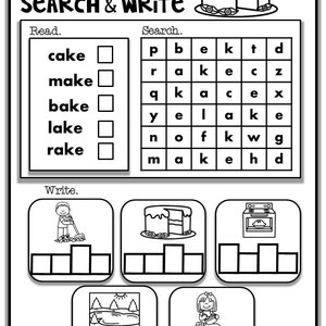 May include: Black and white worksheet with the words "Search & Write" at the top. The worksheet has a section for reading and a section for searching for letters in a grid. The reading section has the words "cake", "make", "bake", "lake", and "rake". The search section has a grid of letters. The worksheet also has a section for writing, with pictures of a rake, a cake, an oven, a lake, and a girl. The worksheet is designed to help children learn to read and write.