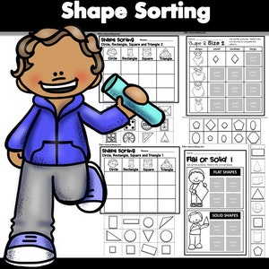 Op de afbeelding: Een zwart-wit werkblad met een cartoonjongen die een vergrootglas vasthoudt. Het werkblad heeft de titel "Shapes Shape Sorting" en bevat activiteiten voor het sorteren van vormen op grootte, type en of ze plat of solide zijn. Het werkblad is ontworpen voor wiskunde in de kleuterklas.
