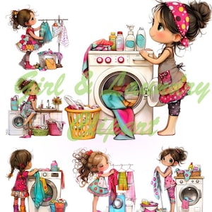 Clipart de chica peculiar, clipart de chica linda, clipart peculiar y caprichoso, clipart peculiar de acuarela, día de lavandería