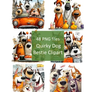 以下が含まれることがあります： さまざまなシーンで風変わりな犬のイラストをフィーチャーしたデジタルアートコレクション。画像には、車の中、スパ、寿司を楽しんでいる犬が含まれています。画像上のテキストは「48 PNGファイルQuirky Dog Bestie Clipart」と表示されています。