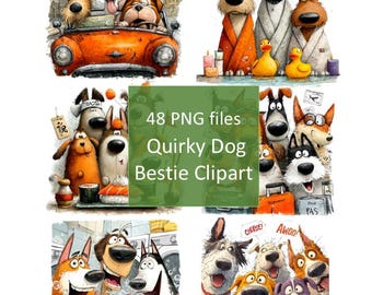 Quirky Clipart Bundle: Watercolor Style, Funny Dog PNG Images (Digital Download)