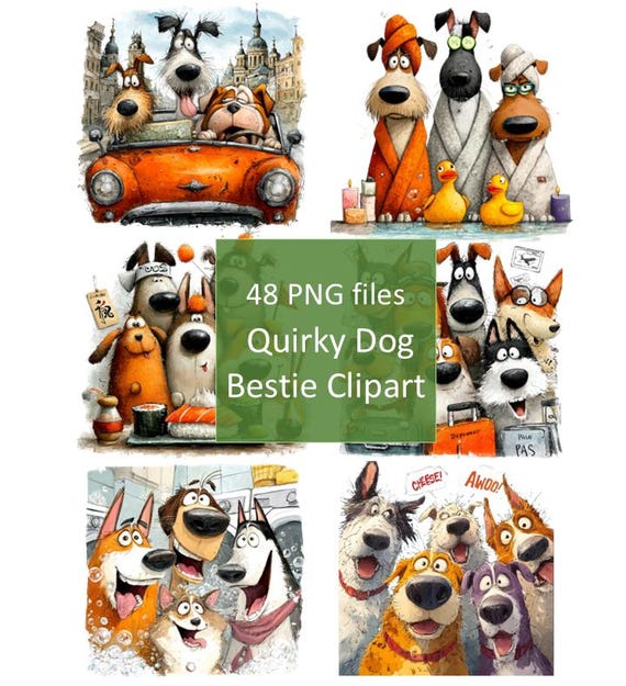 Quirky Clipart Bundle: Watercolor Style, Funny Dog PNG Images (Digital Download)
