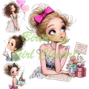 Clipart fille originale, jolie fille des cliparts, clipart fantaisiste original, aquarelle des cliparts original, clipart anniversaire fille,