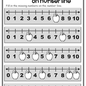 Puede incluir: Una hoja de trabajo en blanco y negro con el t&iacute;tulo "Missing Apple Numbers on Number Line". La hoja de trabajo tiene cinco l&iacute;neas de n&uacute;meros con manzanas que reemplazan algunos de los n&uacute;meros. El estudiante debe completar los n&uacute;meros que faltan en las l&iacute;neas de n&uacute;meros.