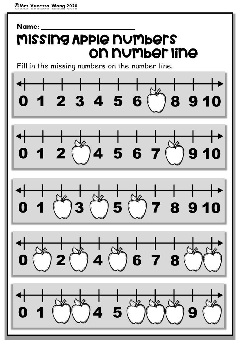 Puede incluir: Una hoja de trabajo en blanco y negro con el t&iacute;tulo "Missing Apple Numbers on Number Line". La hoja de trabajo tiene cinco l&iacute;neas de n&uacute;meros con manzanas que reemplazan algunos de los n&uacute;meros. El estudiante debe completar los n&uacute;meros que faltan en las l&iacute;neas de n&uacute;meros.