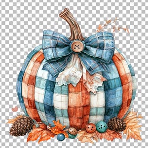Puede incluir: Una pintura de acuarela de una calabaza decorada con una tela a cuadros azul y blanco y un lazo azul. La calabaza est&aacute; rodeada de hojas de oto&ntilde;o, bellotas y pi&ntilde;as.