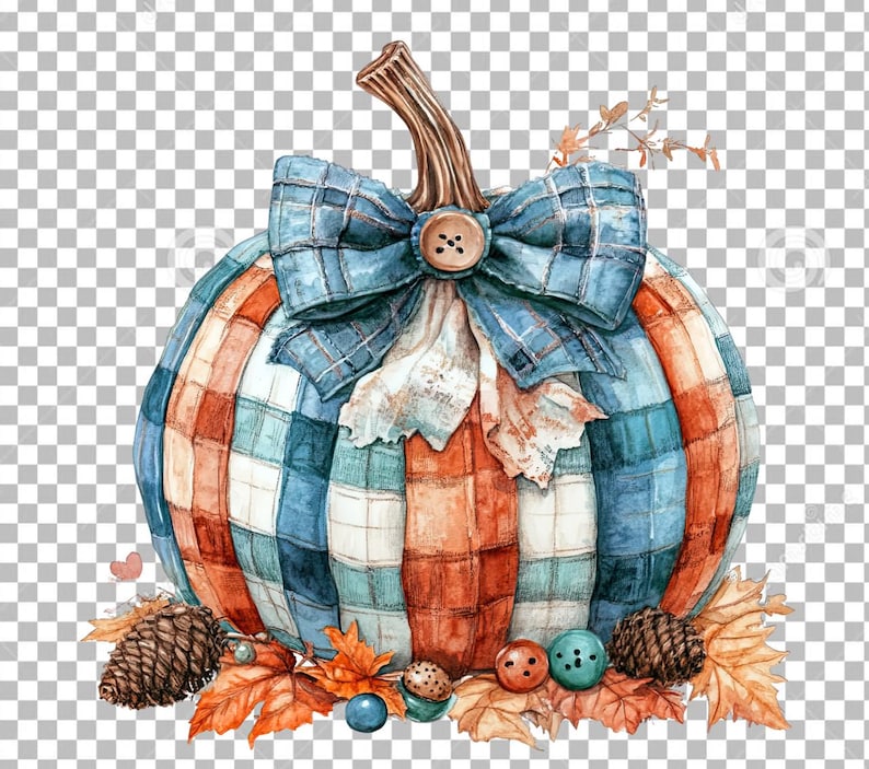 Puede incluir: Una pintura de acuarela de una calabaza decorada con una tela a cuadros azul y blanco y un lazo azul. La calabaza est&aacute; rodeada de hojas de oto&ntilde;o, bellotas y pi&ntilde;as.