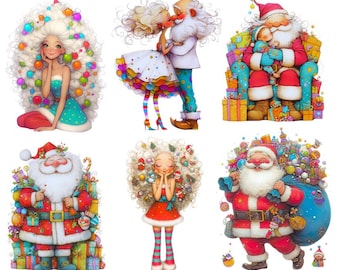 Op de afbeelding: Een set van zes kerstthema-illustraties met Sinterklaas, een meisje met een kerstboom als haar en een meisje met een kerstboom als haar.