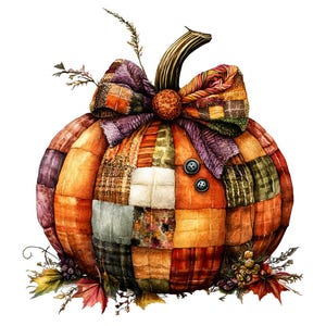 Puede incluir: Una calabaza de patchwork con un gran lazo morado y naranja. La calabaza est&aacute; decorada con una variedad de colores y patrones oto&ntilde;ales.