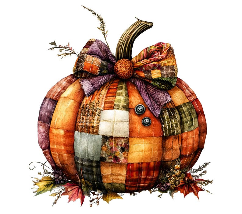Puede incluir: Una calabaza de patchwork con un gran lazo morado y naranja. La calabaza est&aacute; decorada con una variedad de colores y patrones oto&ntilde;ales.