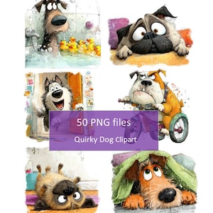Puede incluir: Una colección de seis ilustraciones de perros caprichosos en varias poses. Los perros están representados en un estilo de dibujos animados, con ojos expresivos y expresiones juguetonas. La imagen incluye el texto "50 archivos PNG" y "Quirky Dog Clipart".