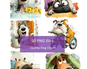 Watercolor Funny Dog Clipart: Quirky PNG Bundle (Digital Download)