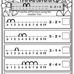 May include: A black and white worksheet with a number line and subtraction problems. The worksheet features cartoon illustrations of a girl and a boy. The problems include 5-2=3, 2-2=, 5-2=, 3-1=, 8-4=, and 10-5=
