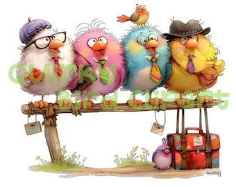 Clipart aquarelle drôle d'oiseau : ensemble PNG d'animaux originaux (téléchargement numérique)