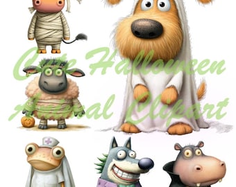 Könnte beinhalten: Eine Sammlung von Cartoon-Tierfiguren in Halloween-Kostümen. Enthält eine Kuh-Mumie, einen Hundegeist, ein Schaf-Mumie mit einem Kürbis, eine Frosch-Krankenschwester, einen Wolf im Anzug und ein Nilpferd-Vampir. Der Text "Cute Halloween Animal Clipart" ist im Bild enthalten.