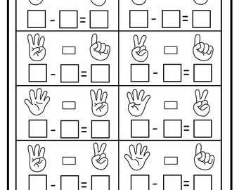May include: Black and white worksheet with the title "Finger Subtraction within 5". The worksheet has five rows of subtraction problems with hand drawings representing the numbers 1 through 5. The student is asked to count the fingers to complete the subtraction sentences.