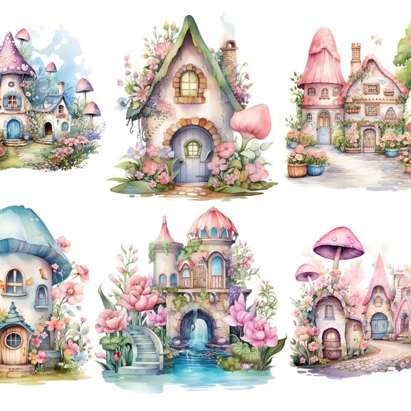 Fairy Clipart, Mushroom House, Fairy Garden House Watercolor Fairie House Fairie JunkJournal Clipart for Commercial Use