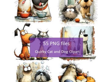 May include: A collection of digital art featuring quirky illustrations of cats and dogs in various scenes. The images showcase a variety of breeds and settings, with text that reads "55 PNG files" and "Quirky Cat and Dog Clipart".