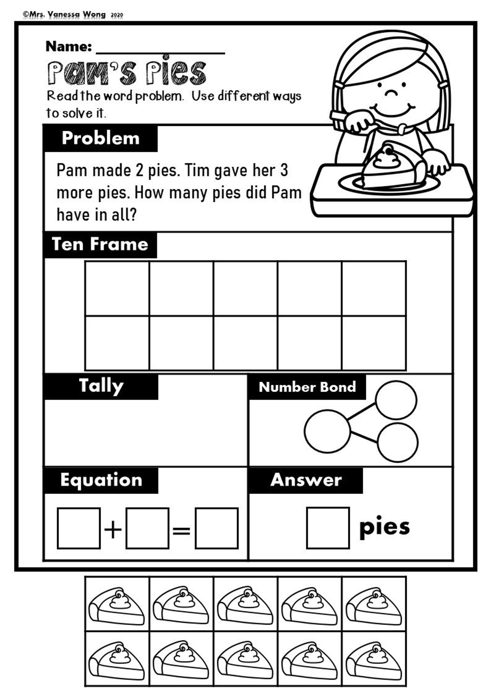 kindergarten math worksheets addition word problems etsy