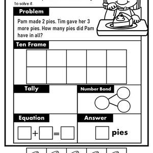 Pu&ograve; includere: Un foglio di lavoro in bianco e nero con il titolo "Pam's Pies". Il foglio di lavoro include un problema di parole, un quadro di dieci, un grafico di conteggio, un legame numerico, un'equazione e una casella di risposta. Il problema di parole dice: "Pam ha fatto 2 torte. Tim le ha dato 3 torte in pi&ugrave;. Quante torte ha Pam in totale?"
