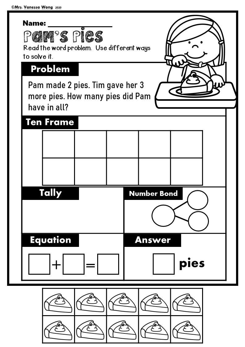 Pu&ograve; includere: Un foglio di lavoro in bianco e nero con il titolo "Pam's Pies". Il foglio di lavoro include un problema di parole, un quadro di dieci, un grafico di conteggio, un legame numerico, un'equazione e una casella di risposta. Il problema di parole dice: "Pam ha fatto 2 torte. Tim le ha dato 3 torte in pi&ugrave;. Quante torte ha Pam in totale?"